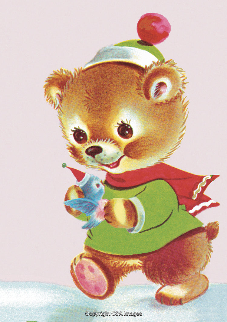 Cute Teddy Bear and Toy Bird on Snowy Winter Day Artwork