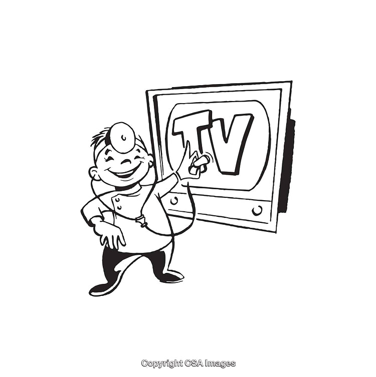 Cartoon Doctor Presenting a Television with a Playful Stethoscope Gesture