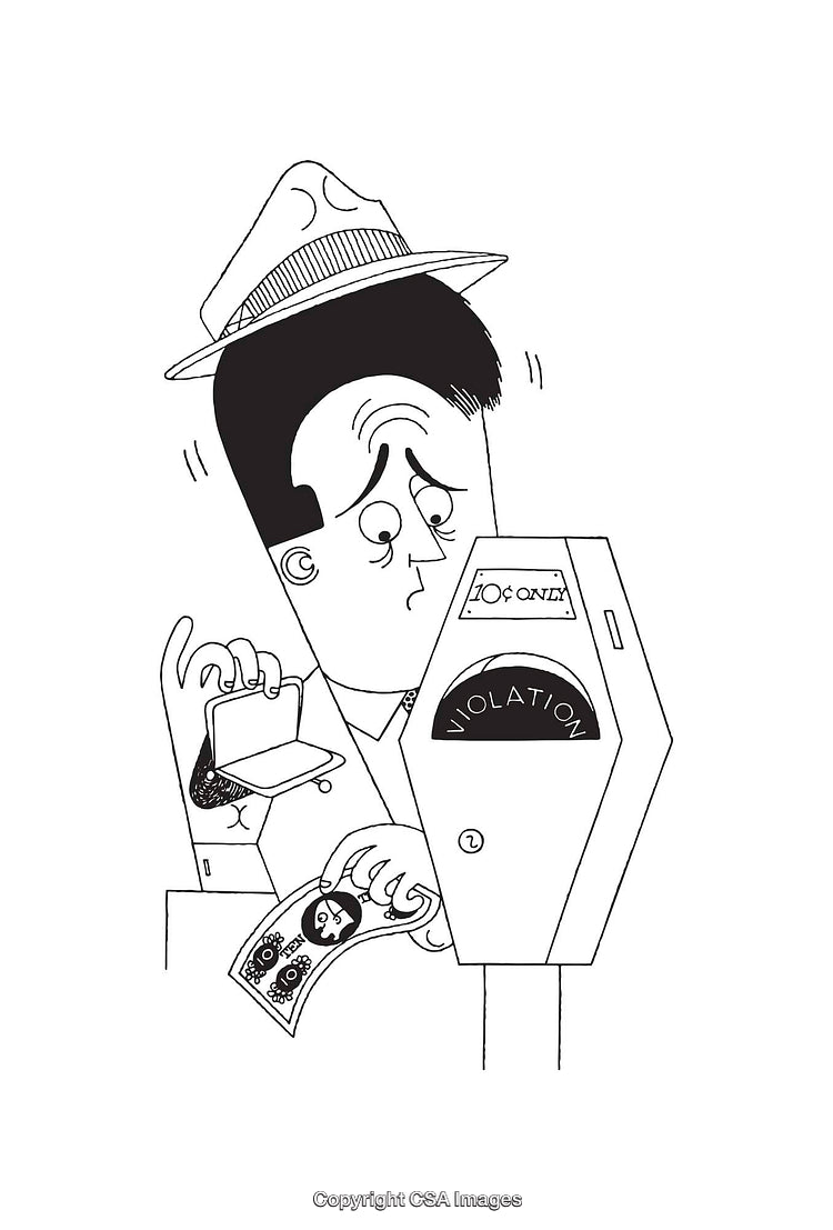 Vintage Line Art of an Anxious Man Paying a Violation Fee