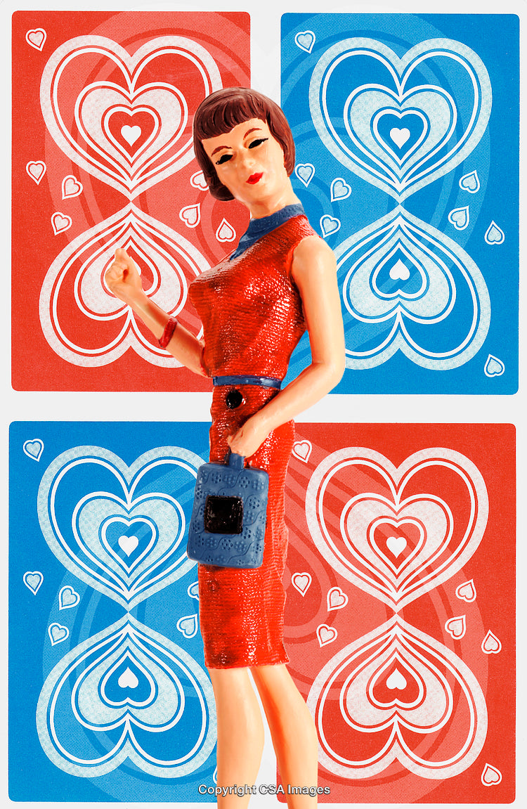 Retro Figurine with Colorful Card Background and Love-Themed Motif