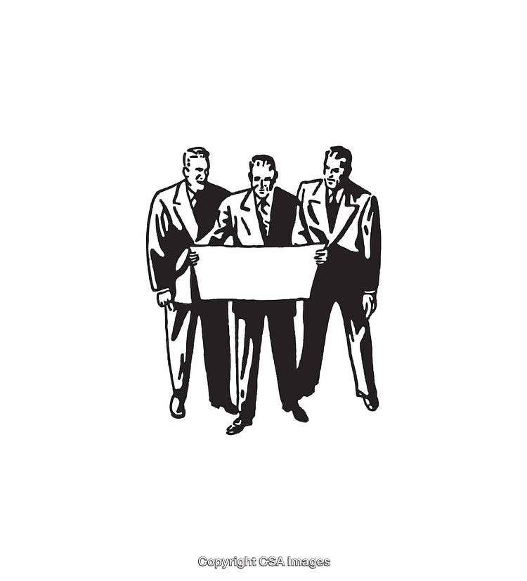 Three Businessmen Holding a Blank Banner in Black and White Illustration