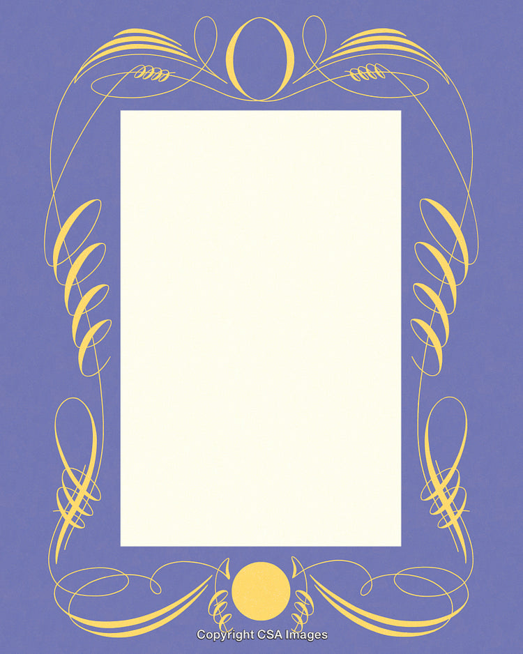 Elegant Decorative Frame With Ornate Yellow Flourishes on Purple Background