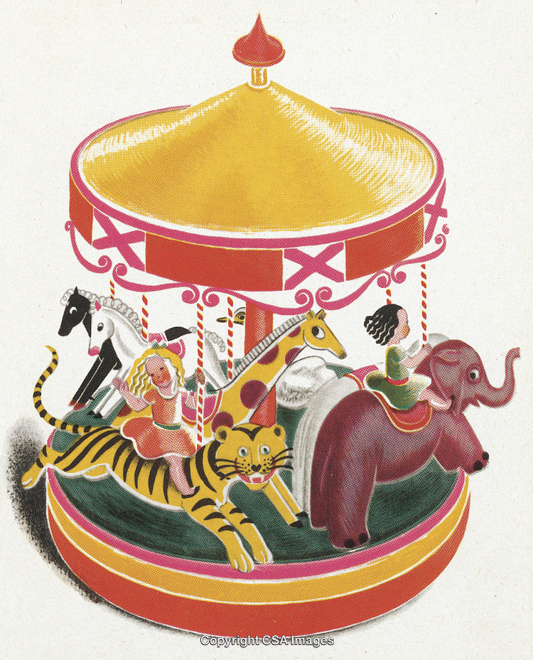 Vintage Carousel Illustration With Vibrant Animal Figures and Children