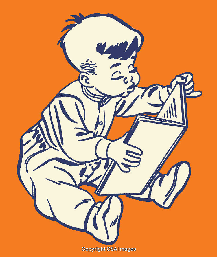 Vintage Line Art Illustration of Boy Reading a Book in Orange Background