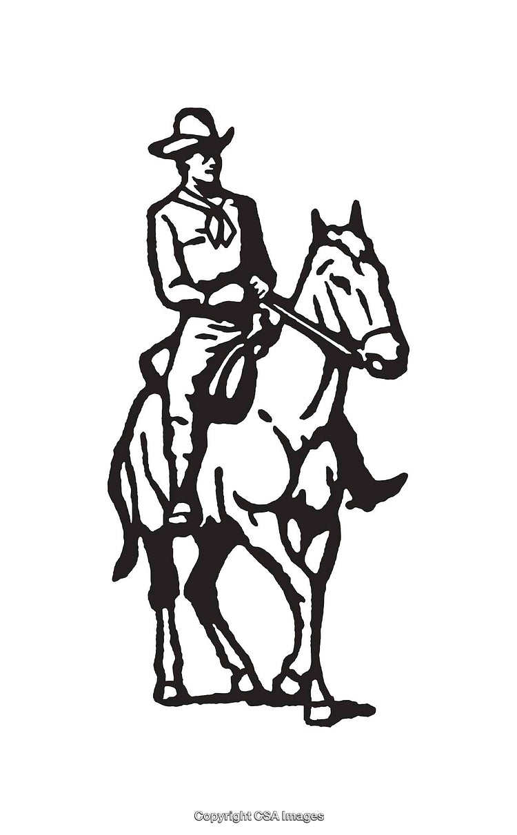 Black and White Line Art of Cowboy Riding a Horse