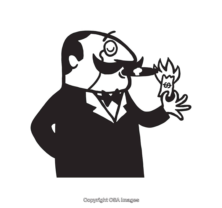 Black and White Illustration of Wealthy Man Lighting Money