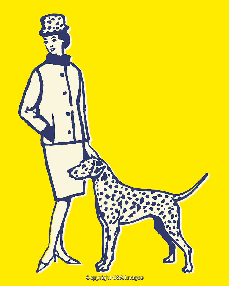 Stylized Illustration of Woman in Fashion with Dalmatian Dog on Yellow