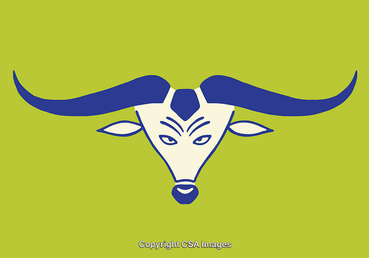 Bold Illustration of a Bull Head in Blue on Green Background