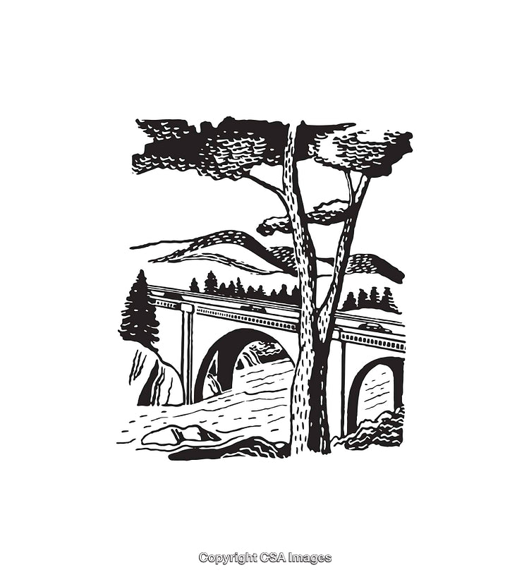 Scenic Black and White Illustration of Nature with Bridge and Trees