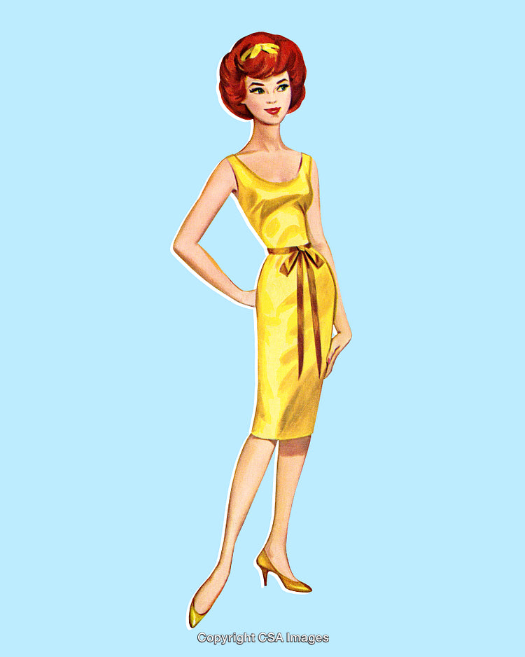 Retro Illustration of a Woman in a Yellow Dress on Light Blue Background