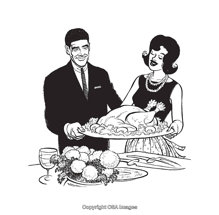 Retro Illustration of a Couple Serving Thanksgiving Dinner