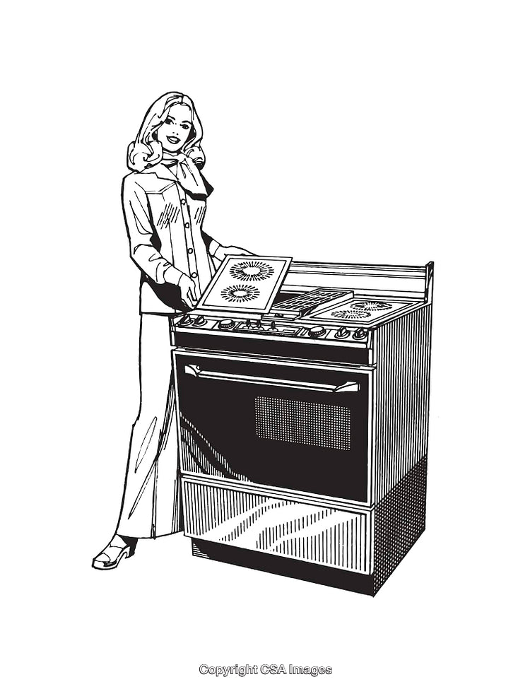 Vintage Line Art of a Woman Baking with a Modern Oven Appliance
