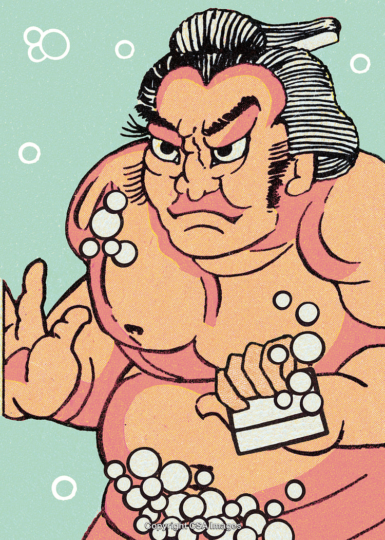 Traditional Sumo Wrestler Cartoon in Bathtime Setting With Soap Bubbles