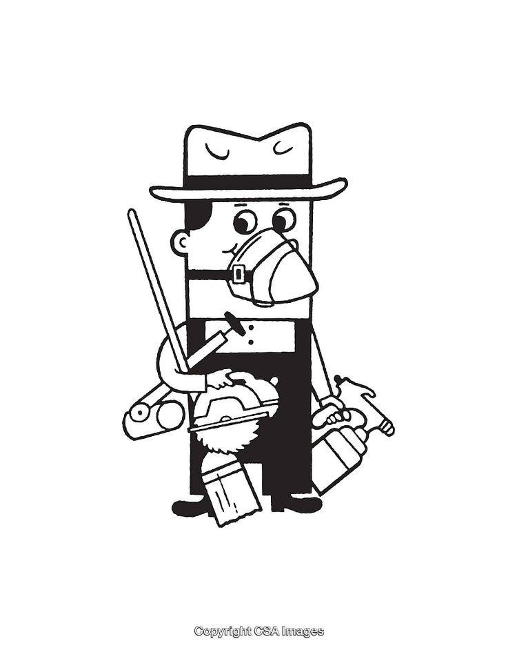 Black and White Line Art Cartoon of a Handyman with Tools