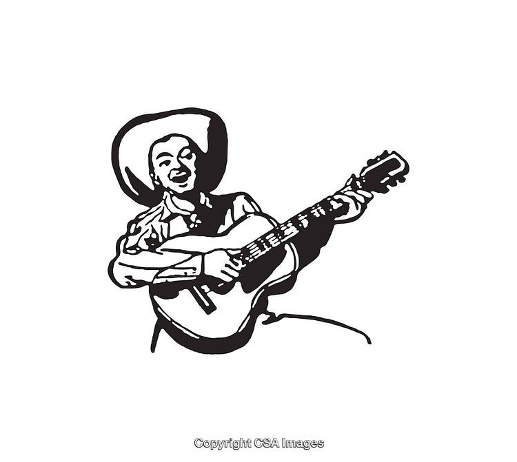 Black and White Line Art of a Musician Playing Guitar in Traditional Hat