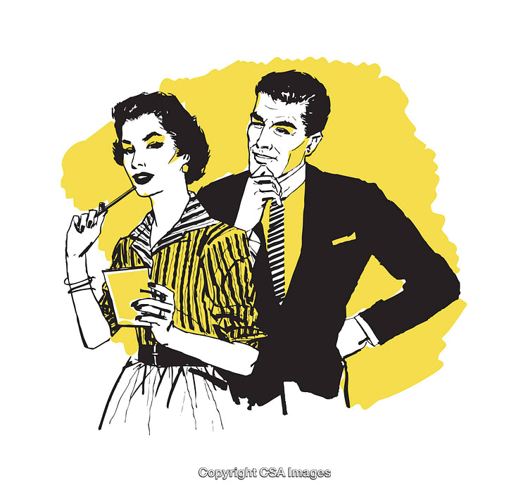 Retro Style Illustration of Thoughtful Man and Woman in Vibrant Yellow Backdrop