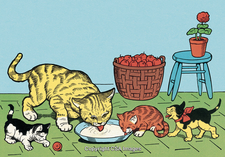Illustration of Cats Enjoying Milk with Apples and a Flowerpot Nearby