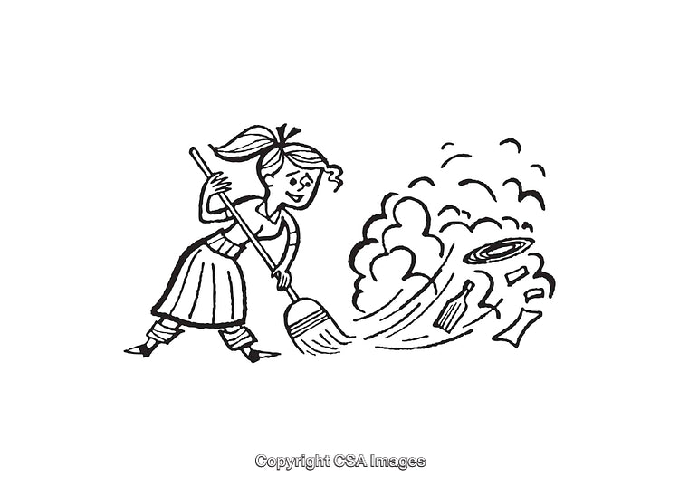 Illustration of a Woman Sweeping Debris into a Dust Cloud