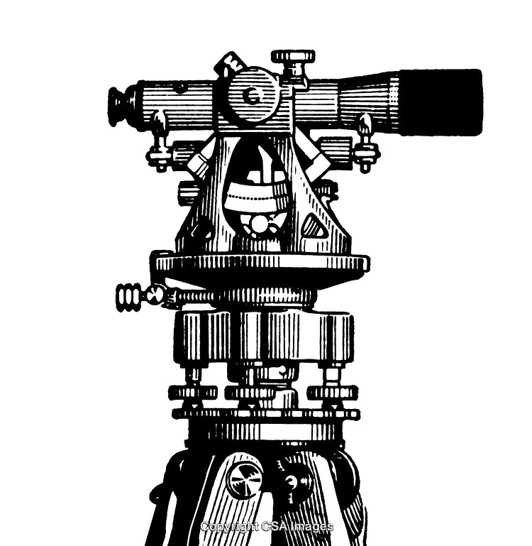 Detailed Black and White Engraving of a Surveying Instrument on a Tripod