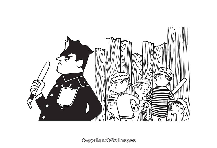 Black and White Line Art of Policeman and Kids Near a Wooden Fence