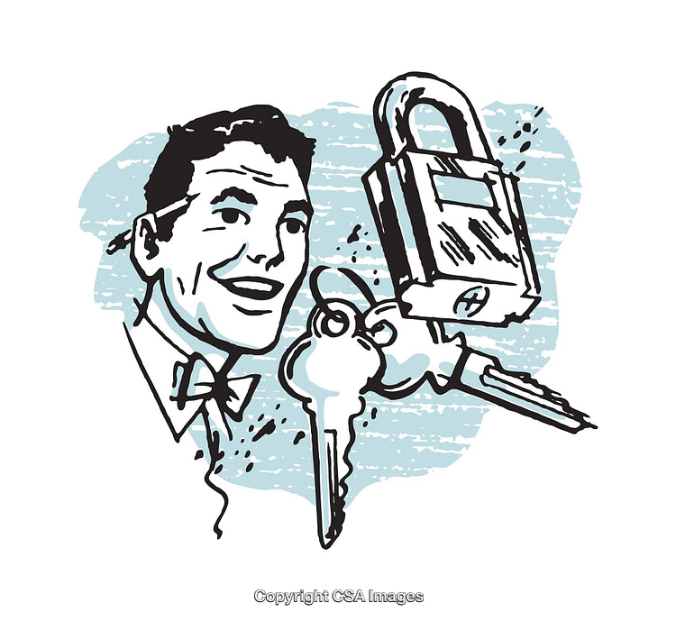 Retro-Inspired Illustration Featuring Smiling Man with Keys and Lock
