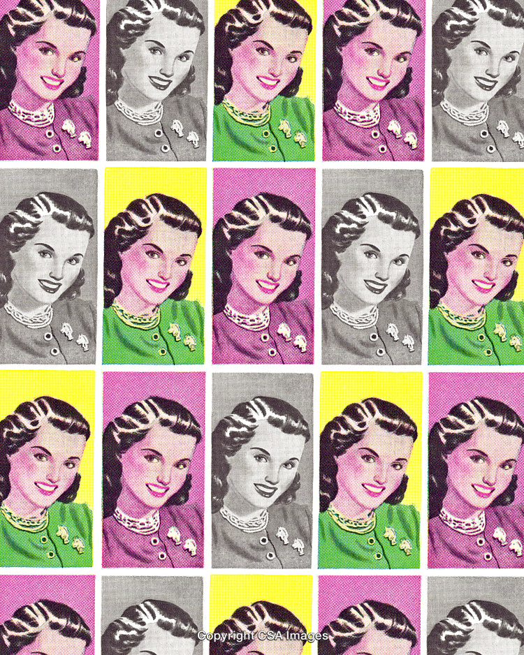 Colorful Retro Portrait Pattern Featuring Vintage Style Woman Illustrations