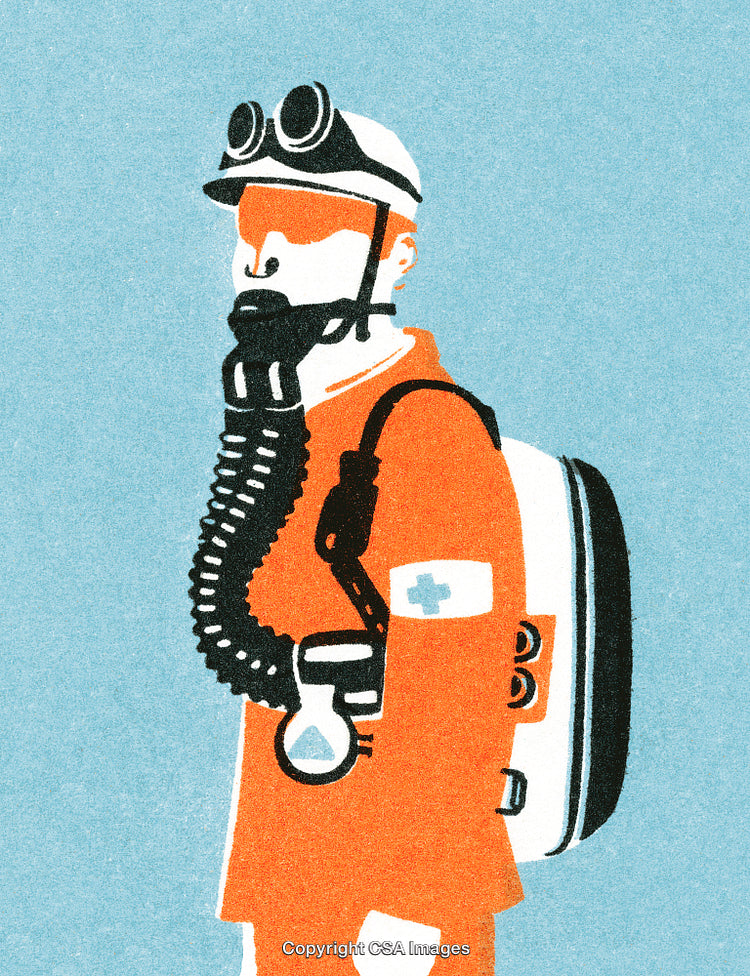 Illustrated Figure in Respiratory Gear with Medical Equipment Highlighted