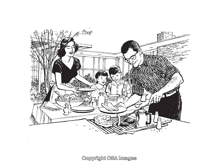 Family Enjoying a Barbecue Together in a Retro Outdoor Setting