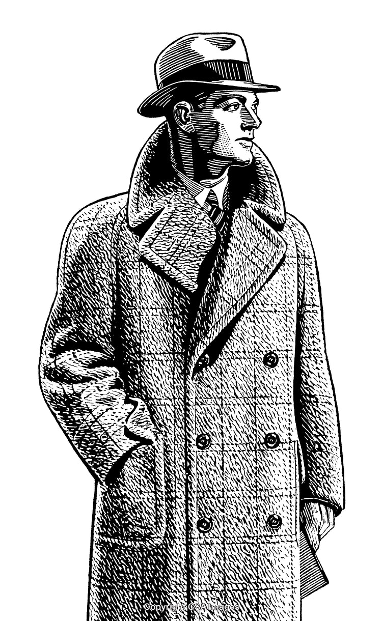 Detailed Black and White Engraving of a Man in Classic Attire