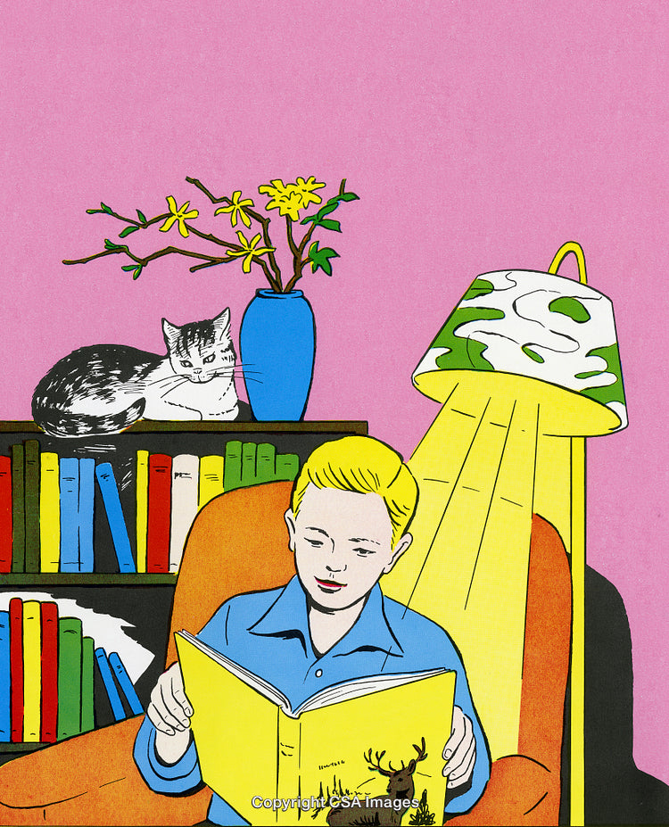 Child Reading a Book in Cozy Room with Cat and Bookshelf