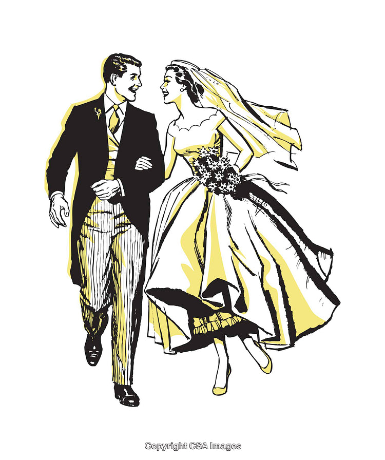 Retro Styled Illustration of a Smiling Bride and Groom Walking Arm in Arm