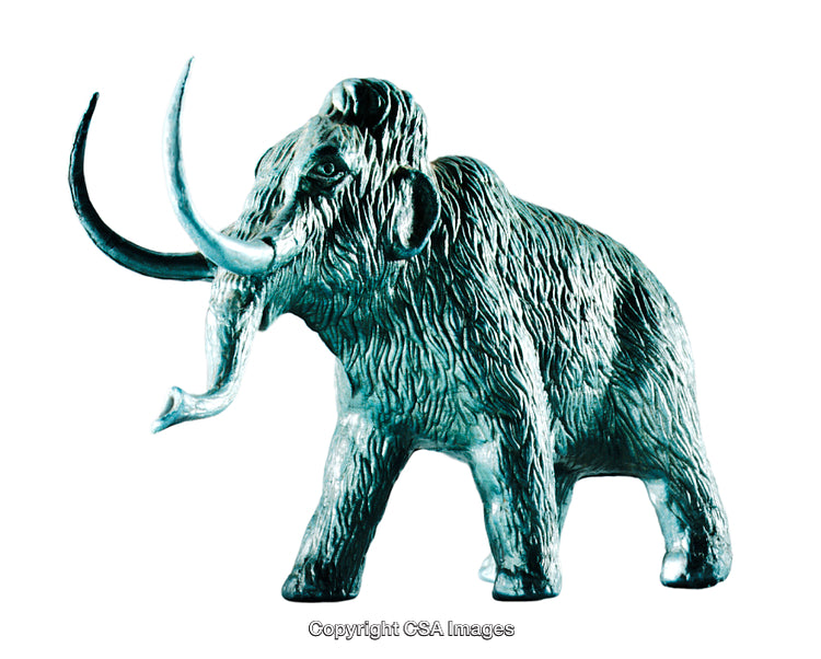 Blue-Tinted Plastic Mammoth Figurine on a White Background