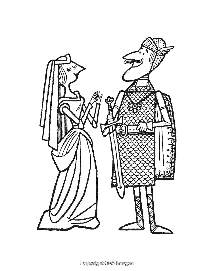 Medieval Knight and Lady in Detailed Black and White Line Art