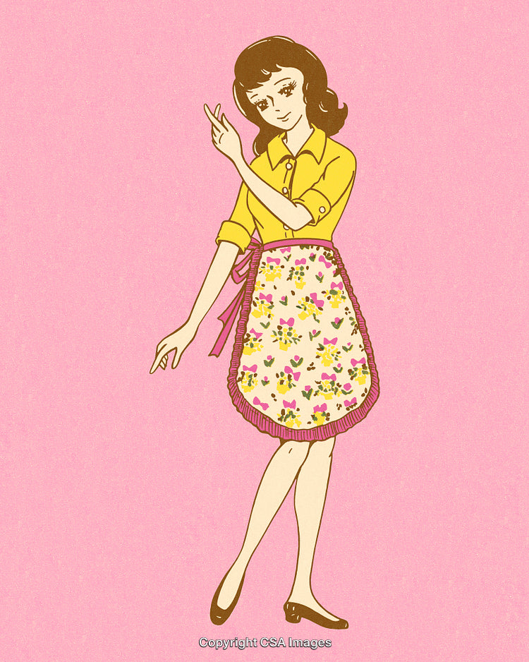 Retro Illustration of a Homemaker Wearing a Floral Apron on a Pink Background