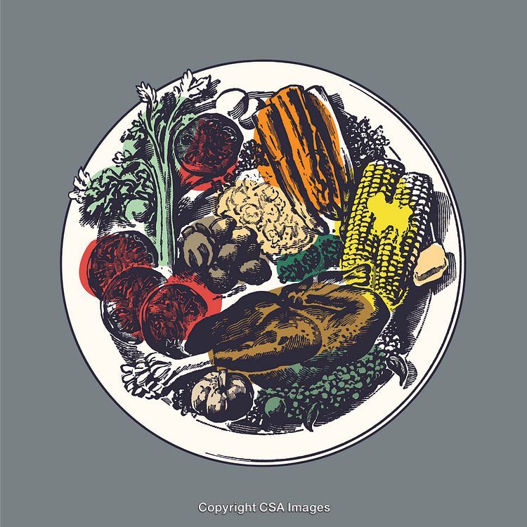 Colorful Plate of Vegetables and Food Items in Line Art Style