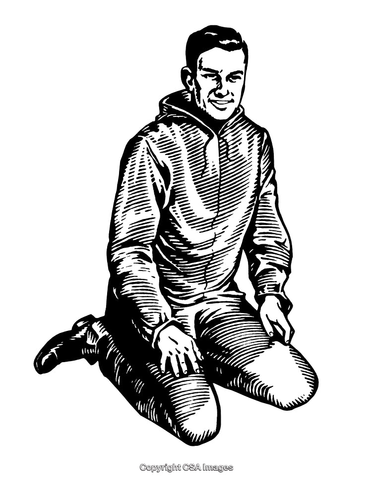 Detailed Black and White Engraving of a Kneeling Man in Hoodie