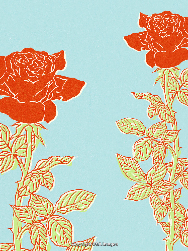 Abstract Illustration of Red Roses and Green Leaves on Blue Background