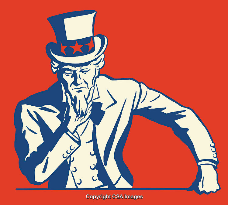 Illustration of Thoughtful Man in Patriotic Suit and Top Hat on Red Background