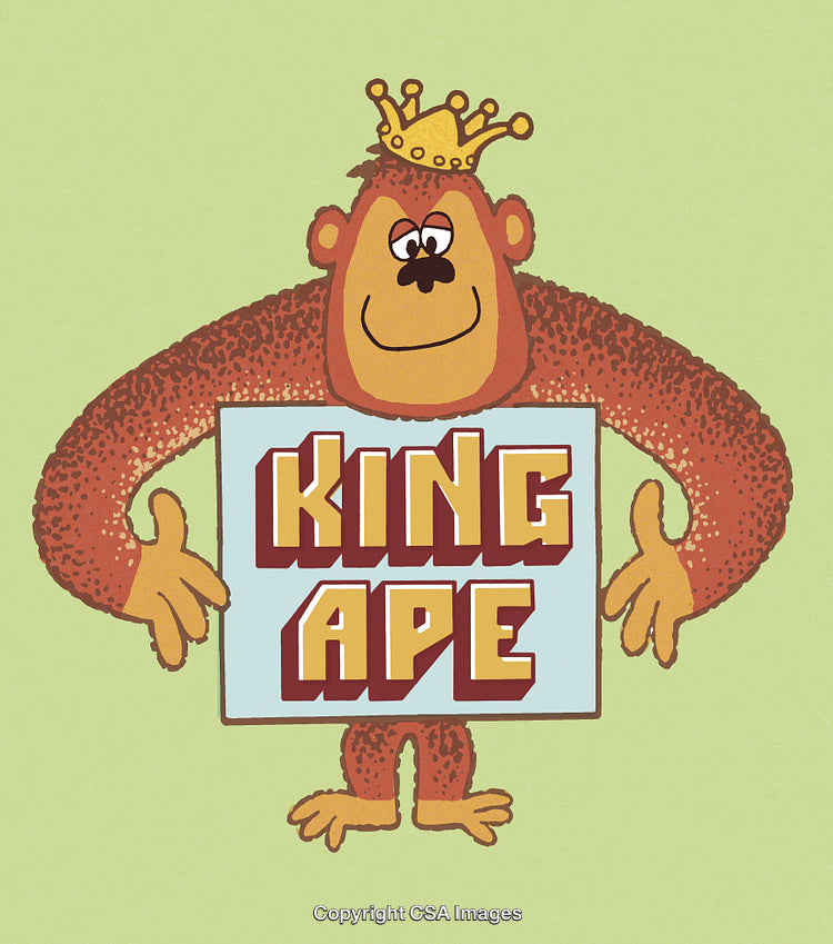 Playful Cartoon Illustration of a Crowned King Ape Holding a Sign