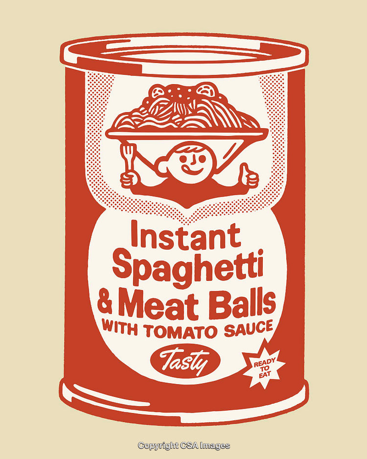 Retro Style Illustration of Instant Spaghetti and Meatballs Food Can Label