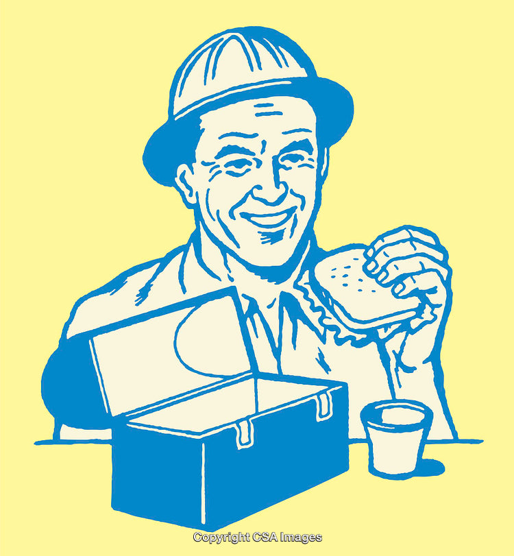 Retro Illustration of Worker Eating Lunch With Sandwich and Lunchbox