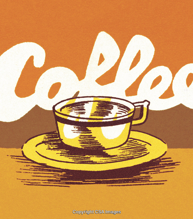 Retro Illustration of a Coffee Cup with Bold Typography on Warm Tones