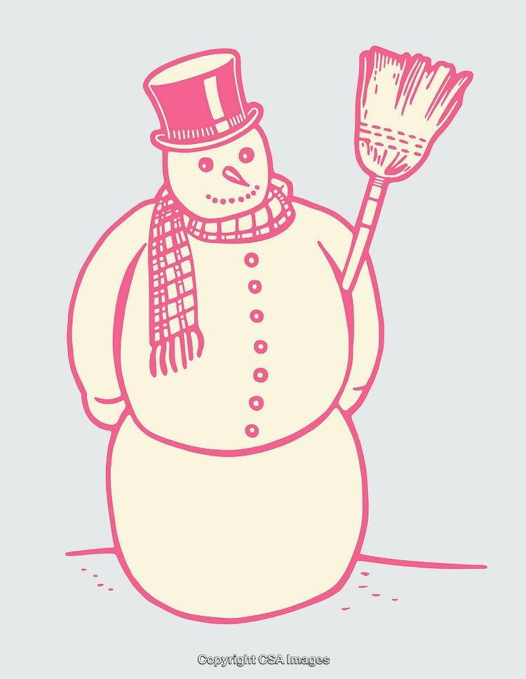 Playful Snowman Illustration With Hat and Broom in Pink Accent Art