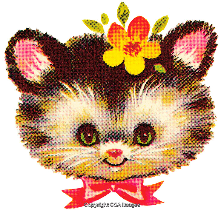 Adorable Vintage Kitten Illustration With a Floral Accessory and Sweet Expression