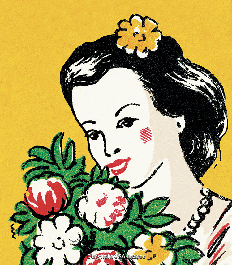 Illustrated Woman Holding a Floral Bouquet with a Cheerful Expression on Yellow Background