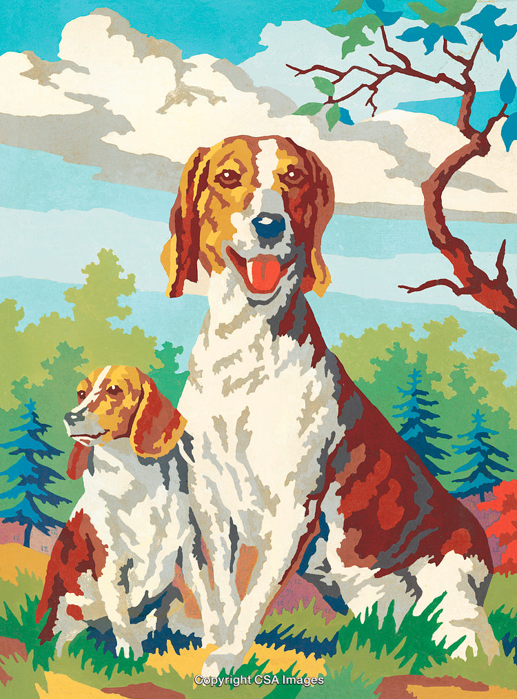 Colorful Paint-by-Number Illustration of Two Dogs in Bright Outdoor Scenery