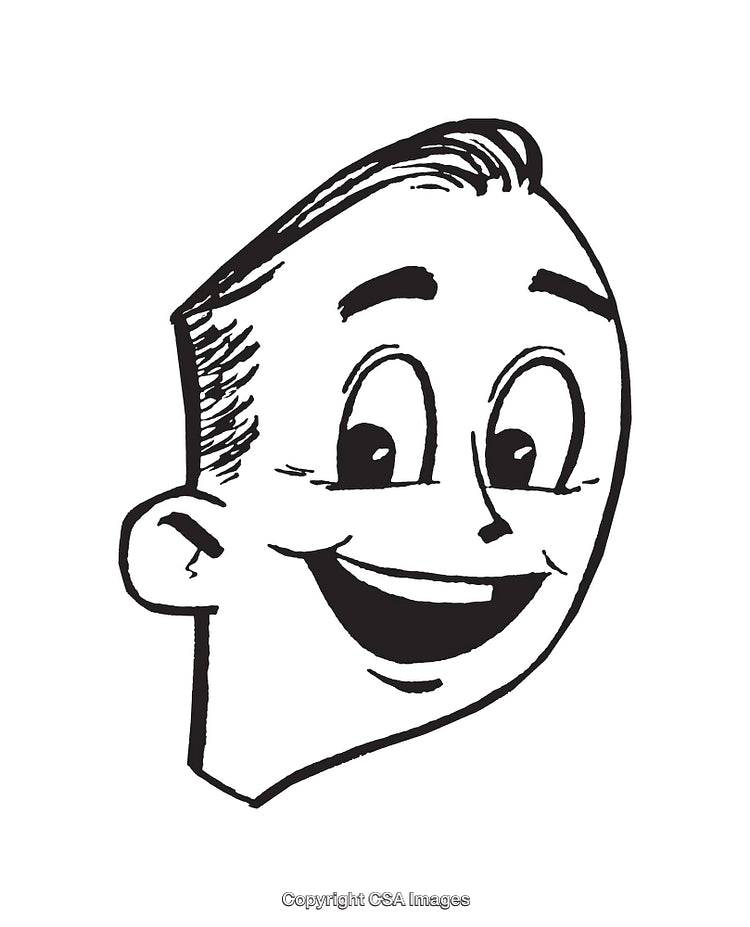 Retro Black and White Smiling Cartoon Face Line Art