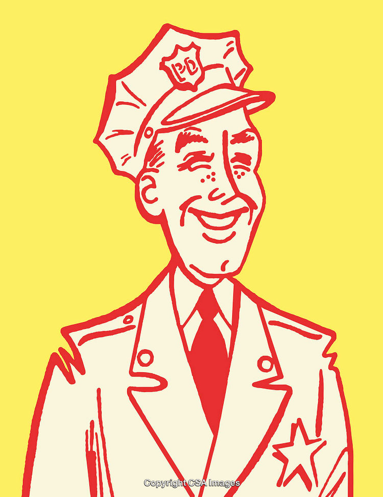 Vintage Style Illustration of a Smiling Police Officer on Yellow Background