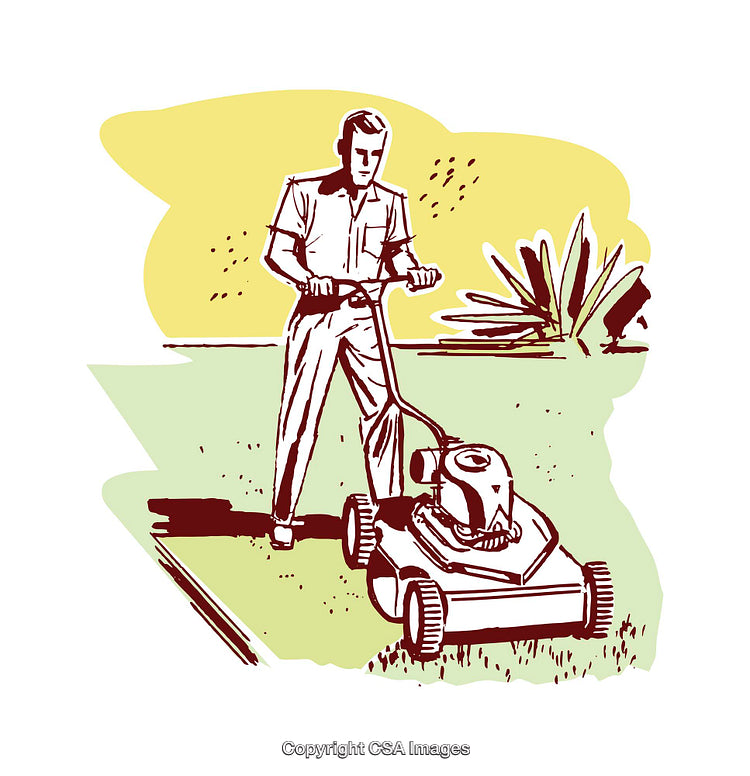 Vintage Styled Illustration of Man Operating a Lawn Mower in Garden