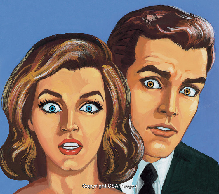 Retro Illustration of Shocked Couple with Surprised Facial Expressions